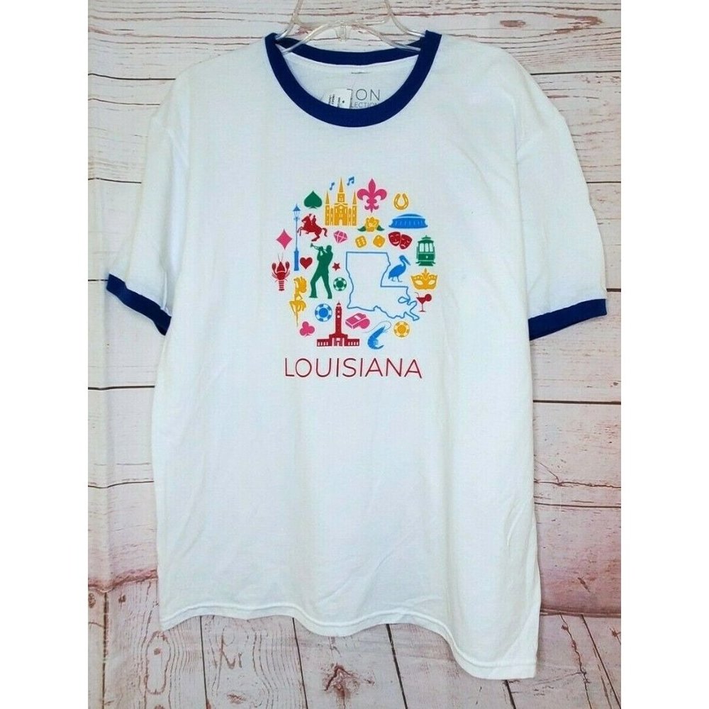 Unisex White Blue Ringer Large Louisiana Graphic Icon Collection T Shirt